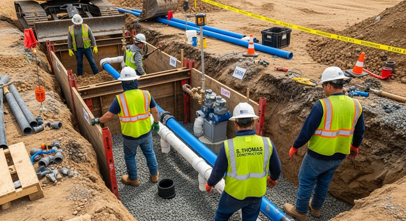 S Thomas Construction crew installing large-diameter utilities in a shored trench