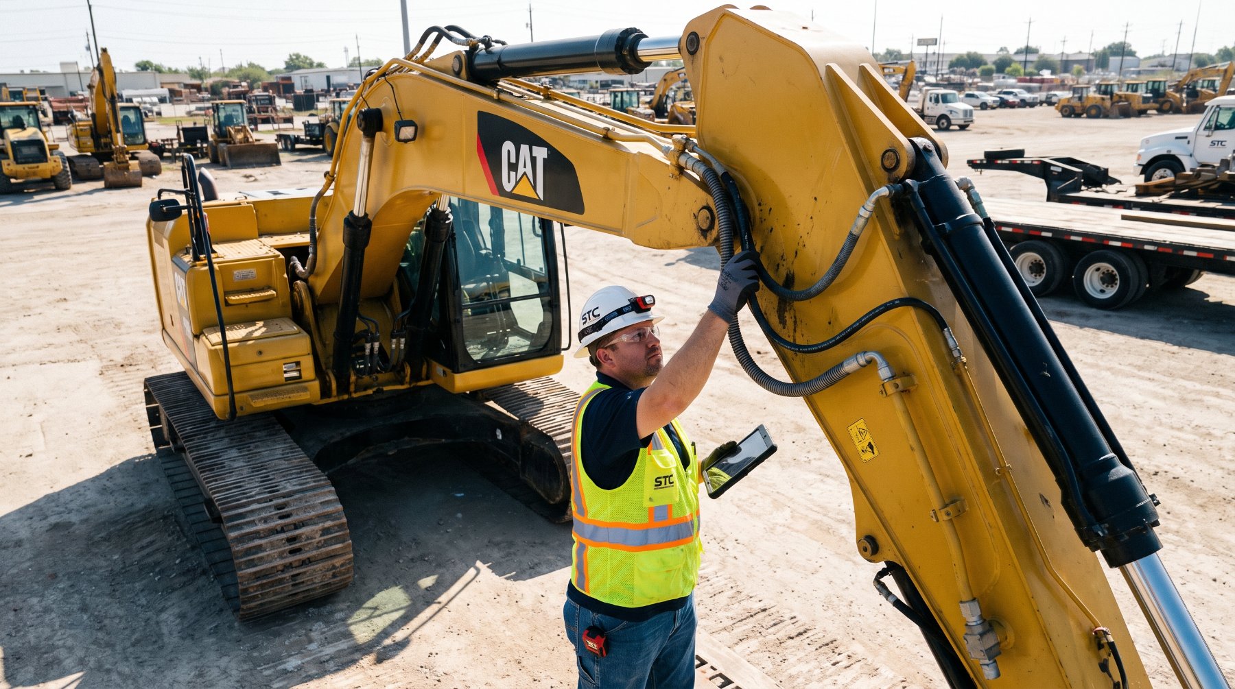 S. Thomas Construction crew member performing an equipment safety inspection on a CAT excavator.